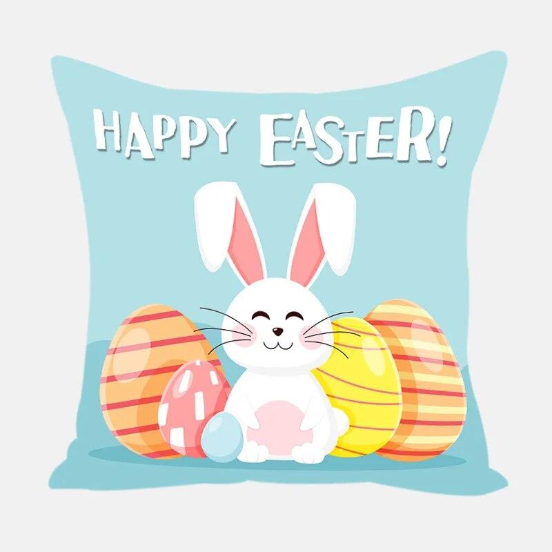 Home Decoration Easter Pillowcase Rabbit Egg Print Pillowcase Living Room Sofa Cushion Cover Bedroom Bedside Pillowcase 45x45cm