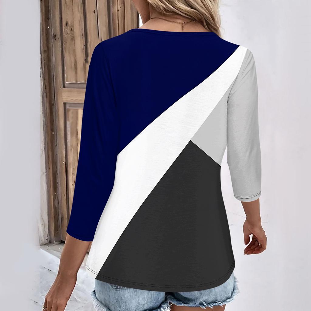 Womens 3/4 Sleeve Daily Weekend V Neck Casual Printed Tshirts Loose Fit Pleated Tees Ladies Blouse