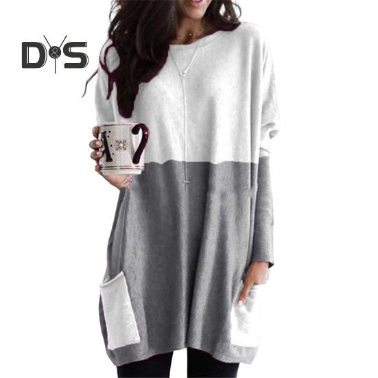 Женские топы с круглым вырезом, длинным рукавом, цветные блоки, пуловеры, топы с карманами, свободный крой, рубашка средней длины, повседневная одежда