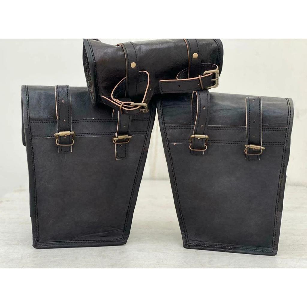 Hand-Crafted Black Leather 3 Saddle Bag Motorcycle Swingarm 2 Storage Tool Pouch