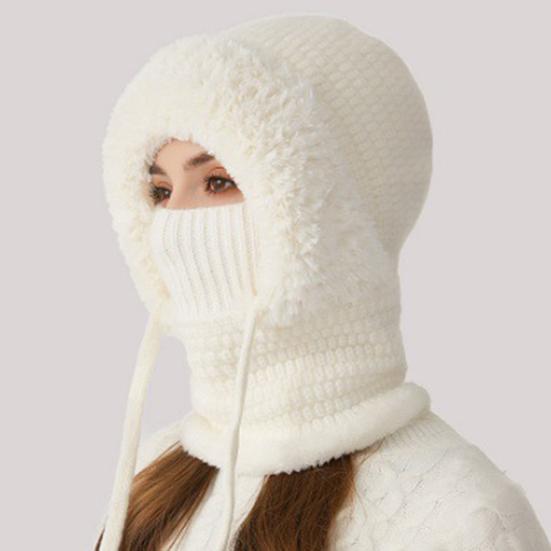Вязаный головной убор однотонный 3-в-1 женская вязаная шапка шарф защита лица ветрозащитный для катания на лыжах походов на флисовой подкладке зимняя повязка на голову
