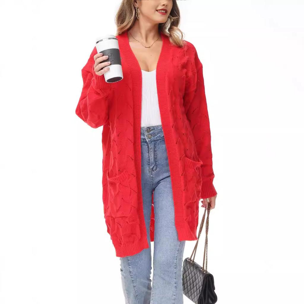 Осенне-зимний женский свитер, свободный вязаный кардиган, красная куртка, длинный, легкий ветер, темперамент, топы