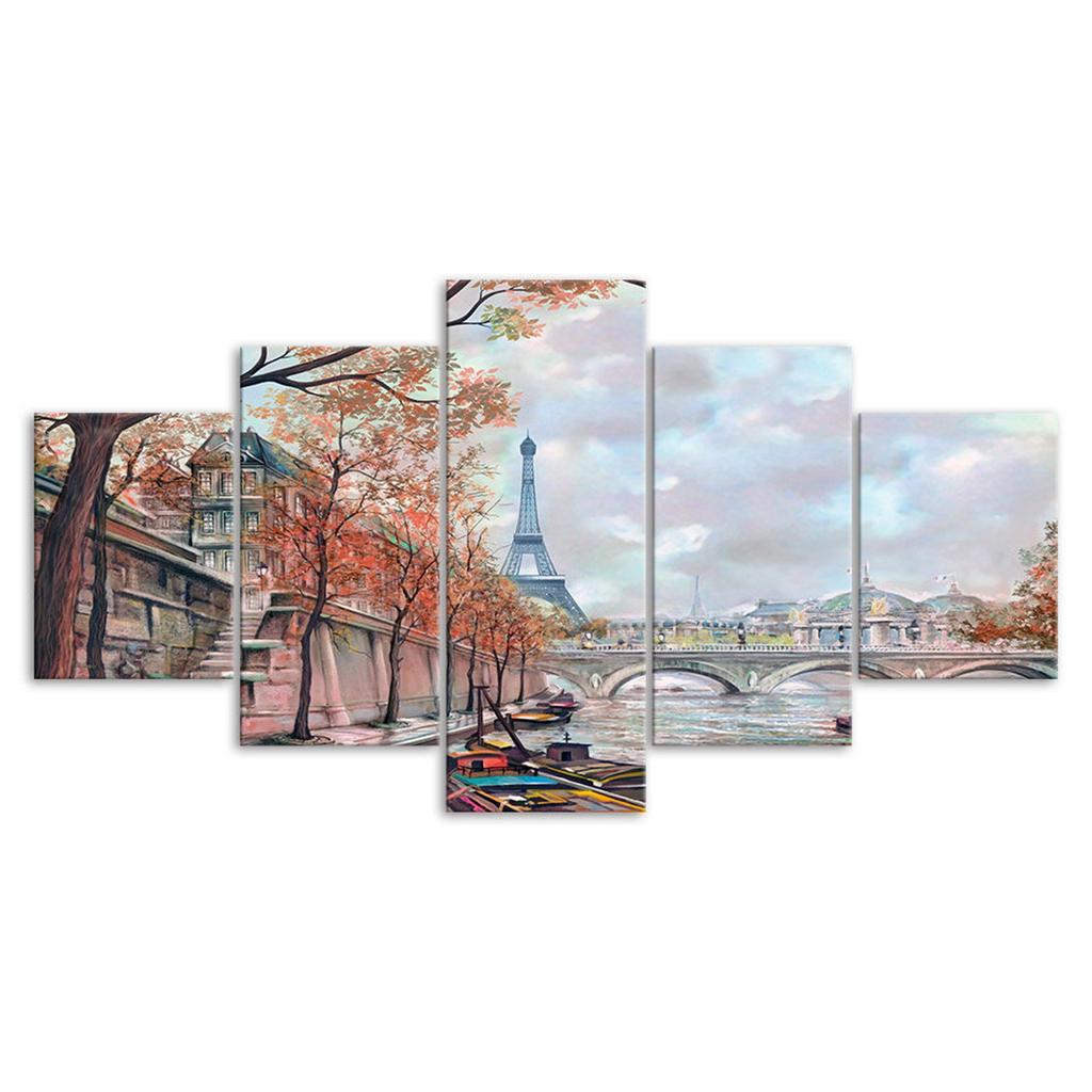 Romantic Paris Eiffel Tower Painting 5 Piece Five Panel Wall Canvas Print Modern Art Poster Picture Home Decor Gift For Him For Her