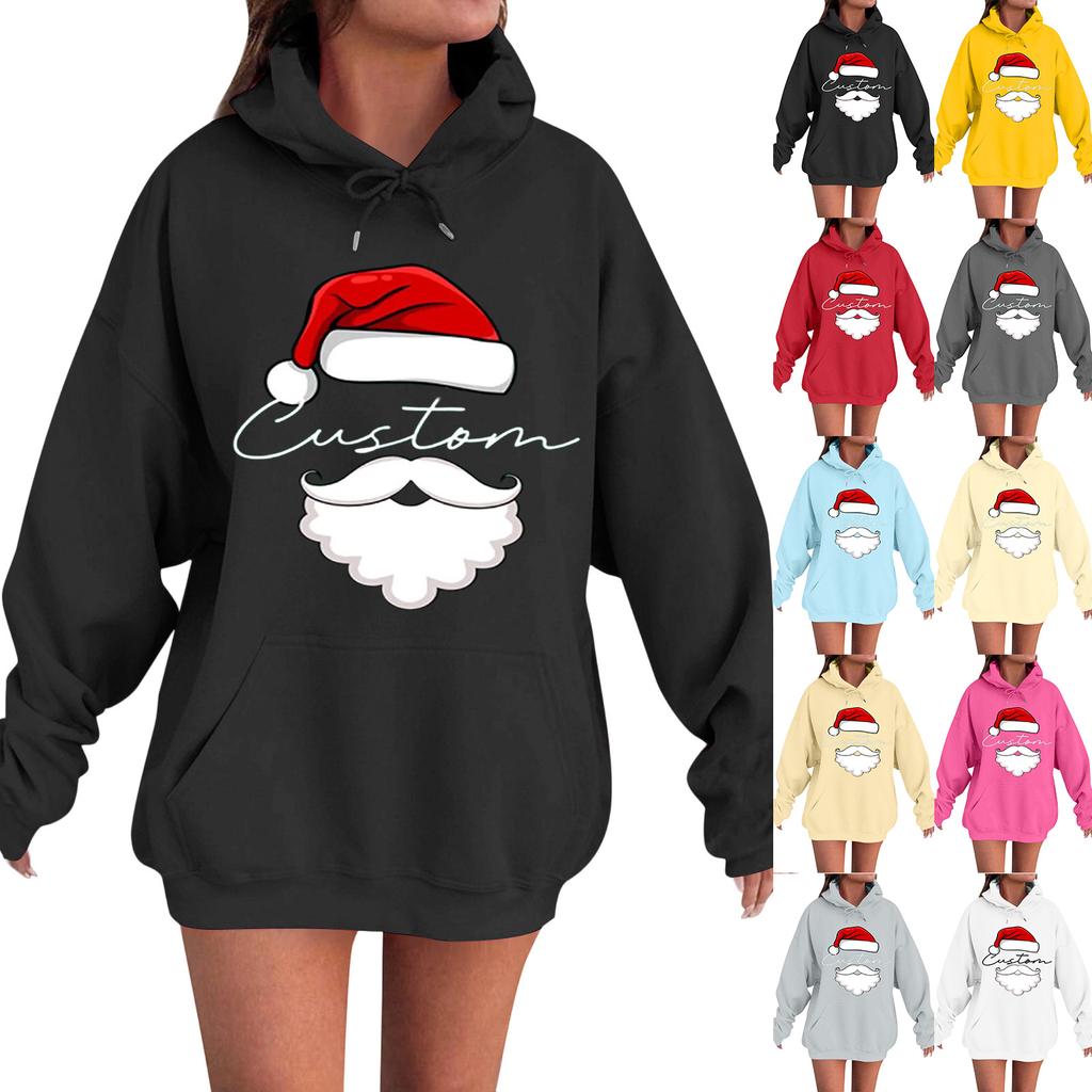 Women's Casual Comfortable Long-Sleeved Christmas Letter-Printed Warm Hooded Crew-Neck Sweatshirt