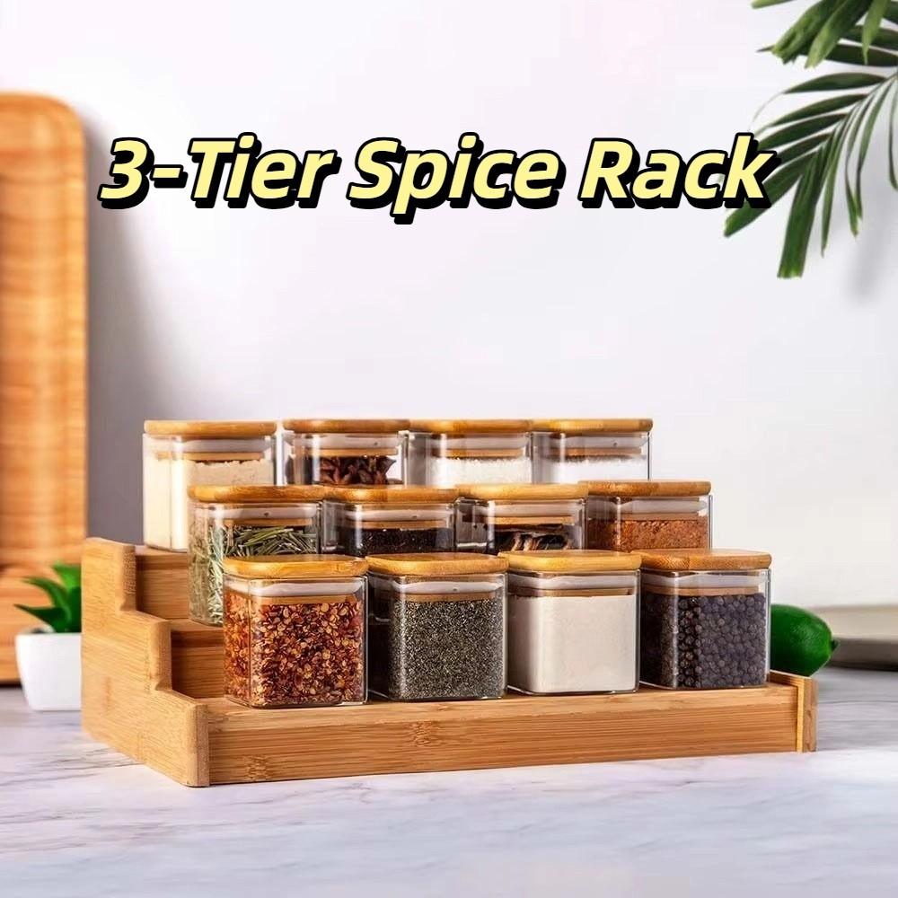 Solid Wooden 3-Tier Spice Rack Space-Saving Seasoning Organizer Spice Jar Storage Set  Restaurant