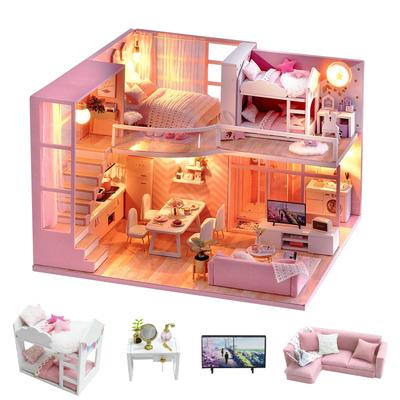 CUTEROOM DIY Деревянный кукольный домик с LED-подсветкой, музыкой, защитой от пыли, мебелью, миниатюрами, ручной работы, миниатюрный подарок для девочек и творческий подарок для детей и