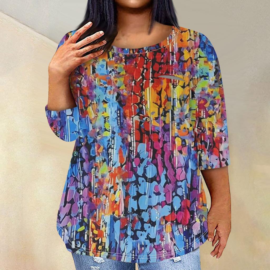 Женский модный повседневный пуловер с круглым вырезом и рукавом три четверти с принтом, топ с рукавами 4/3