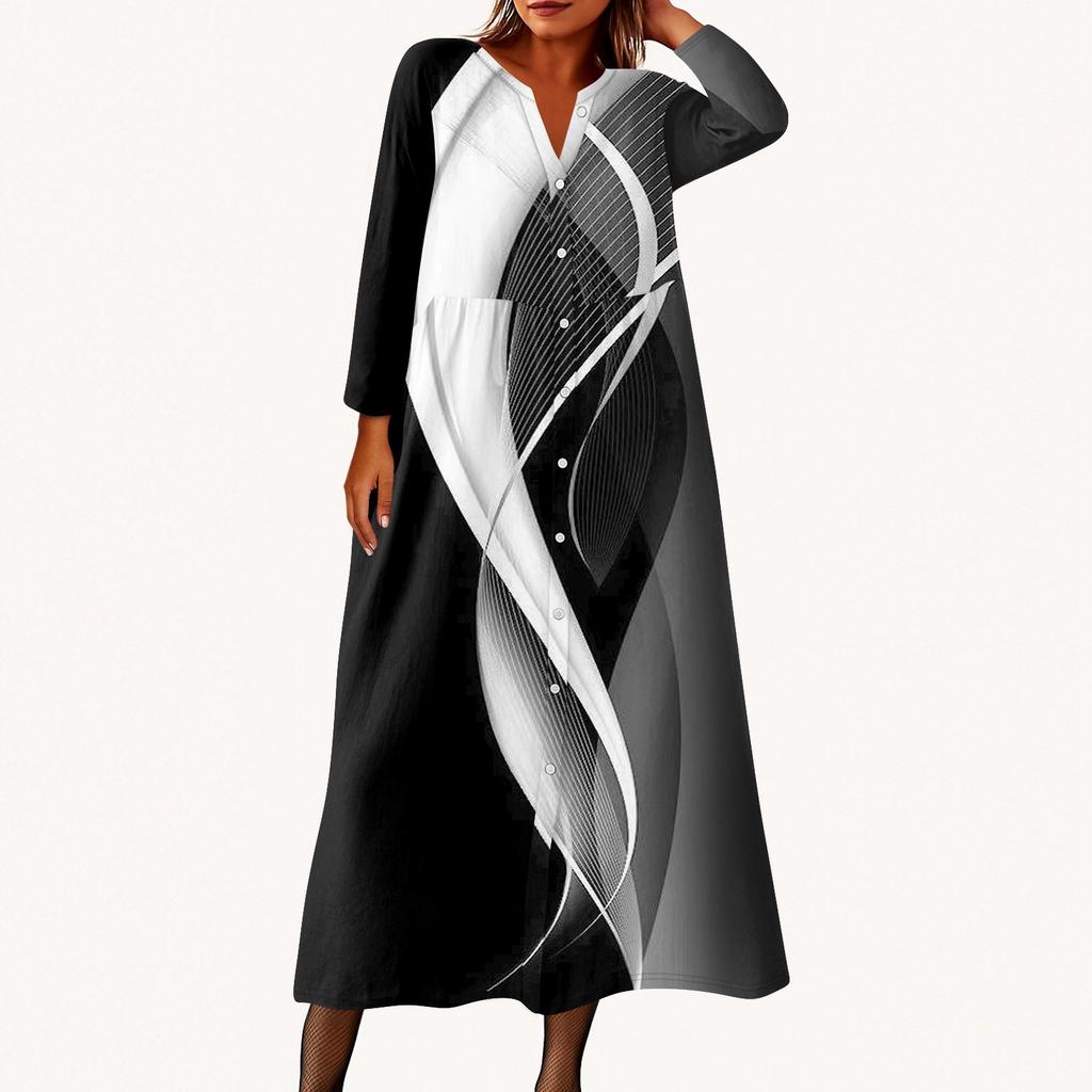 Женское модное платье-рубашка свободного кроя с принтом, круглым вырезом и рукавами семь четвертей на пуговицах