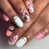 30 коротких овальных ногтей: 3D Розовый Призрак и Паутина Хэллоуинское Искусство