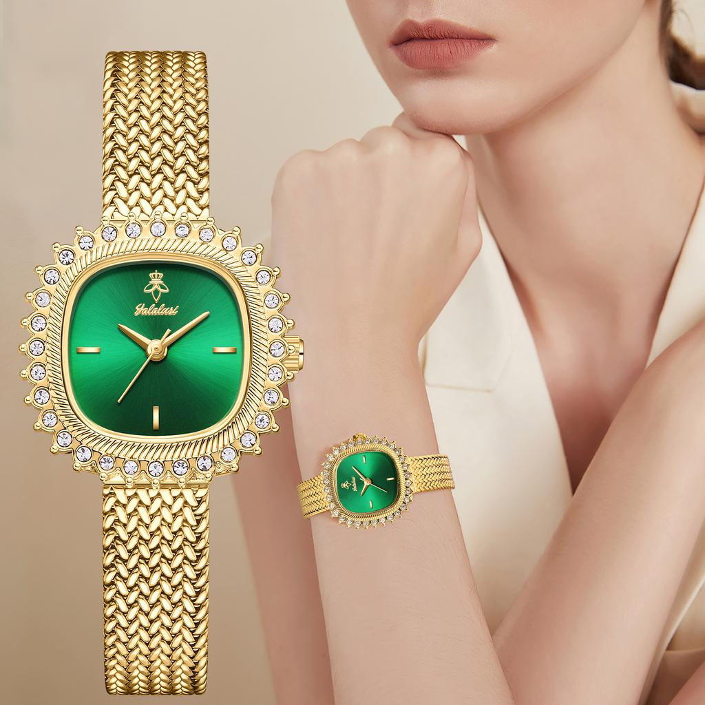 YaLaLuSi Brand Women's Luxury Gold Rhinestone Watch Green Dial Niche Design Quartz Watch Stylish Woven Metal Strap Gift Box Set
