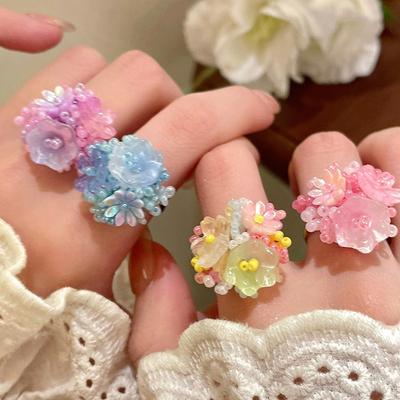 Красочные кольца с бусинами в виде цветов для женщин, девушек, корейские, милые, с крупными цветами, кольца на пальцы, ювелирные изделия, эстетические аксессуары Y2K