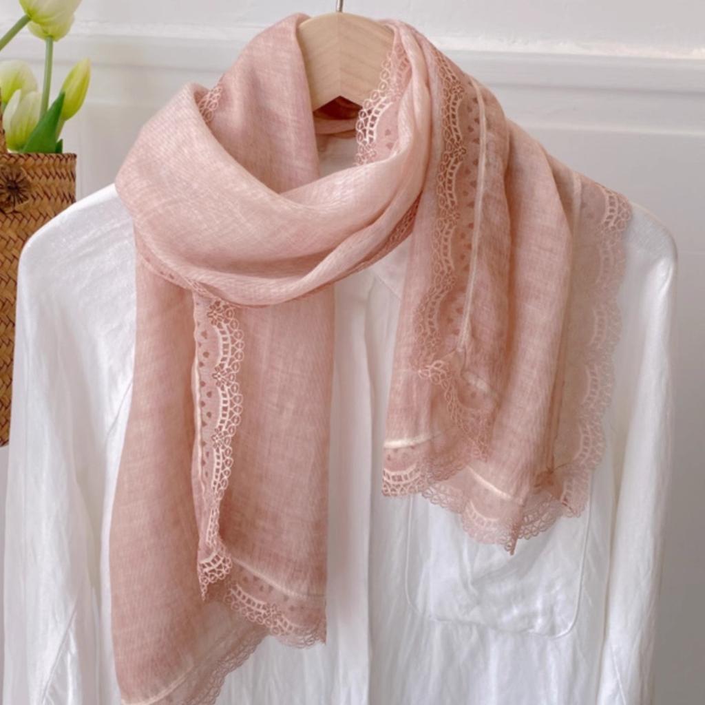 Retro Tie-dye Lace Edge Cotton and Linen Scarf Women's Spring Autumn Versatile Summer Thin Sunscreen Small Shawl with Short Yarn