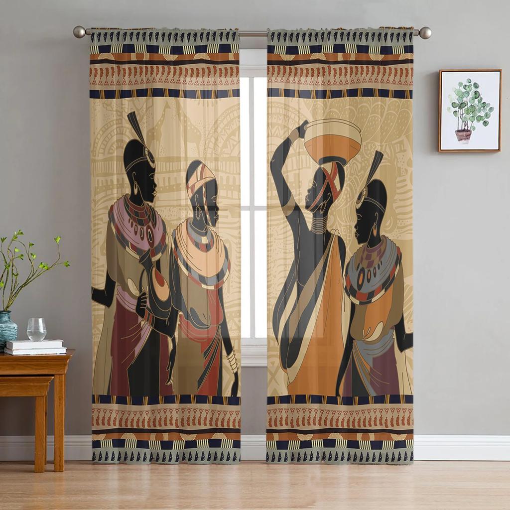 Ethnic Style African Women Black Women Sheer Curtains for Living Room Decoration Window Curtain Kitchen Tulle Voile Drapes