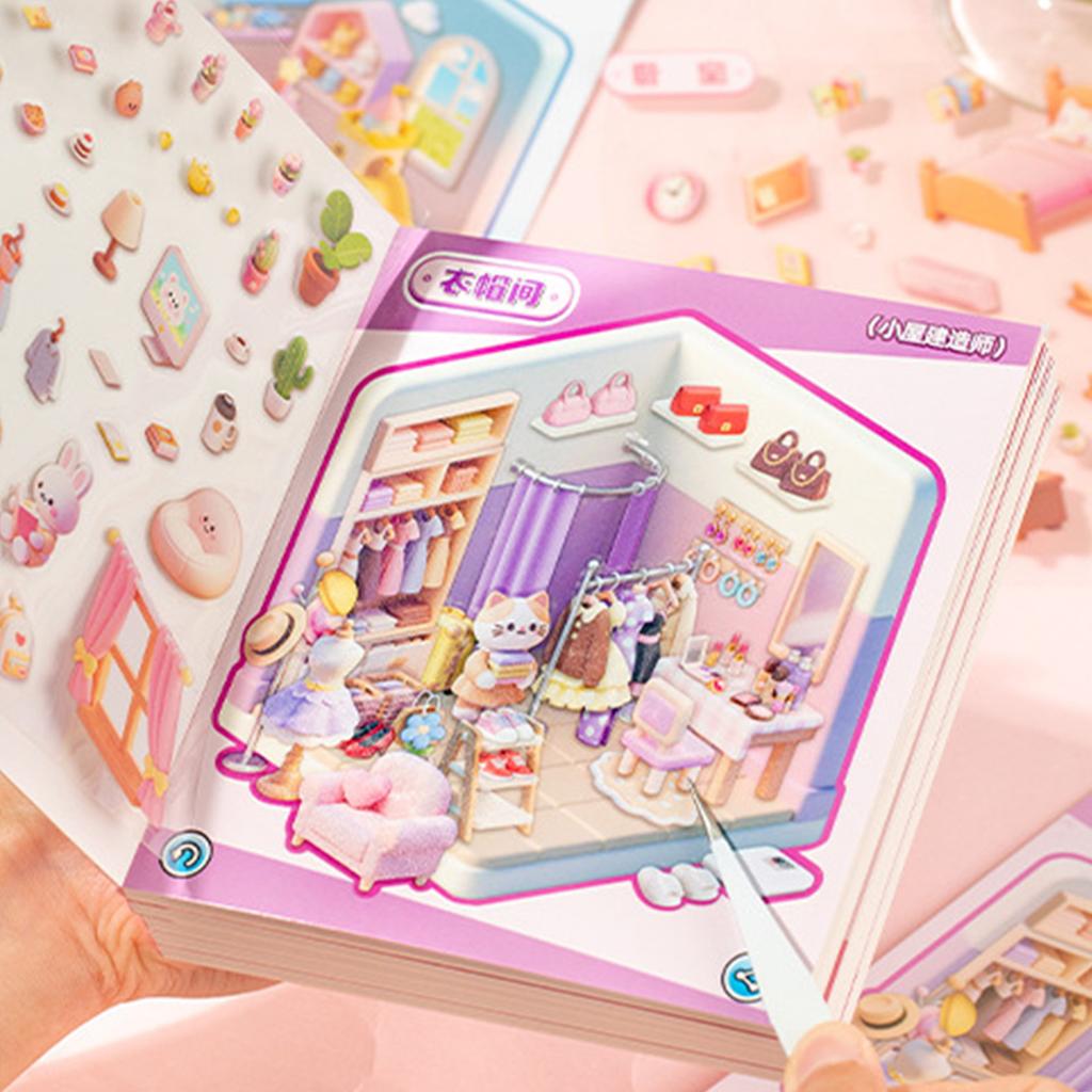 3D Miniature House Sticker Book DIY Isometric Room Scenes Creative Mini Bedroom Bakery Sticker for Adults Kids Stress Relief