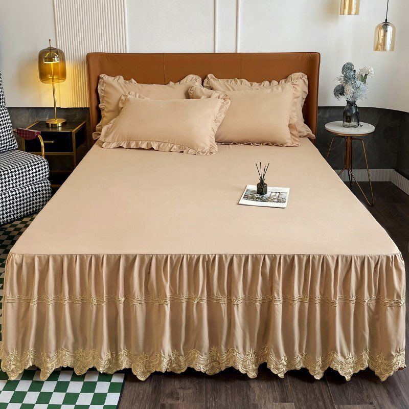Luxurious Embroidery Bed Skirt Bed Sheet Smooth Comfortable Breathable Sleeping Bedspreads Plain Bed Cover for Bedroom