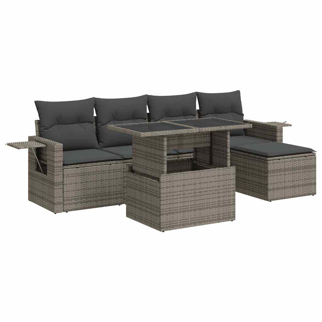 vidaXL 6 Piece Grey Garden Sofa Set with Cushions Poly Rattan