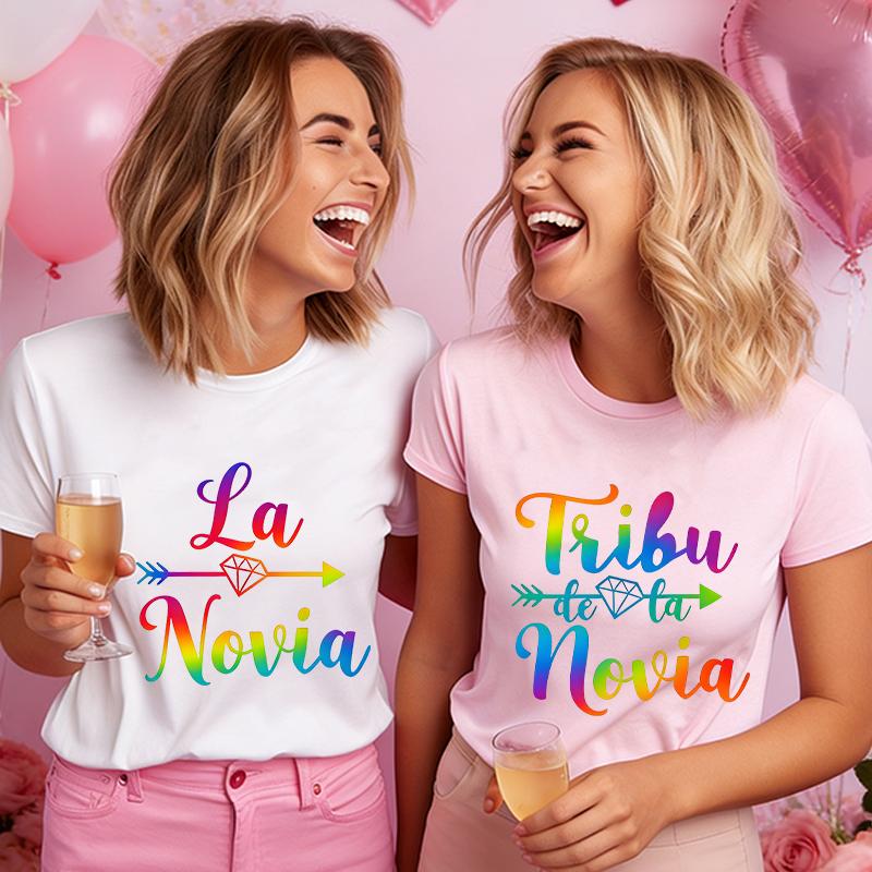 Spanish Bachelorette Hen Party T Shirts Team Bride Tribe Rainbow Diamond Arrow Print Short Sleeve Graphic Tees for Bridal Shower