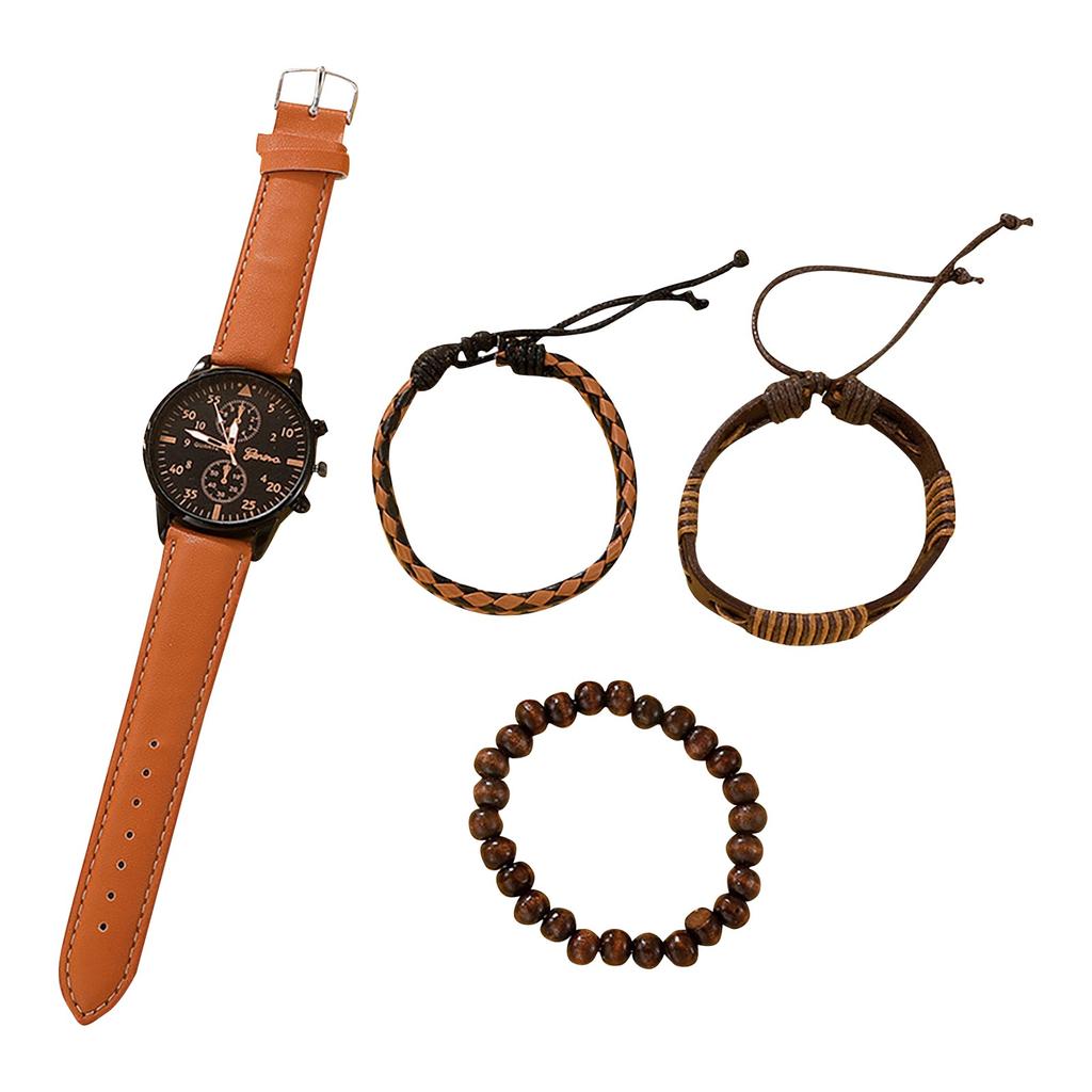 Men Watch Luxury Bracelet Set Fashion Business Brown Leather Quartz Wrist Watches For Men Gift Set