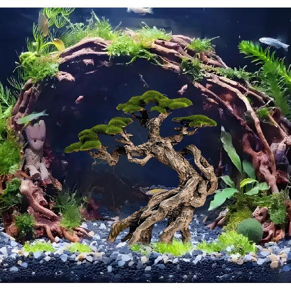 Украшение для аквариума - Скалистый бонсай с искусственным мхом - Декор для аквариума Акваскейпинг - Изготовлено из песчаника - Декор для аквариума с золотыми рыбками и петушками