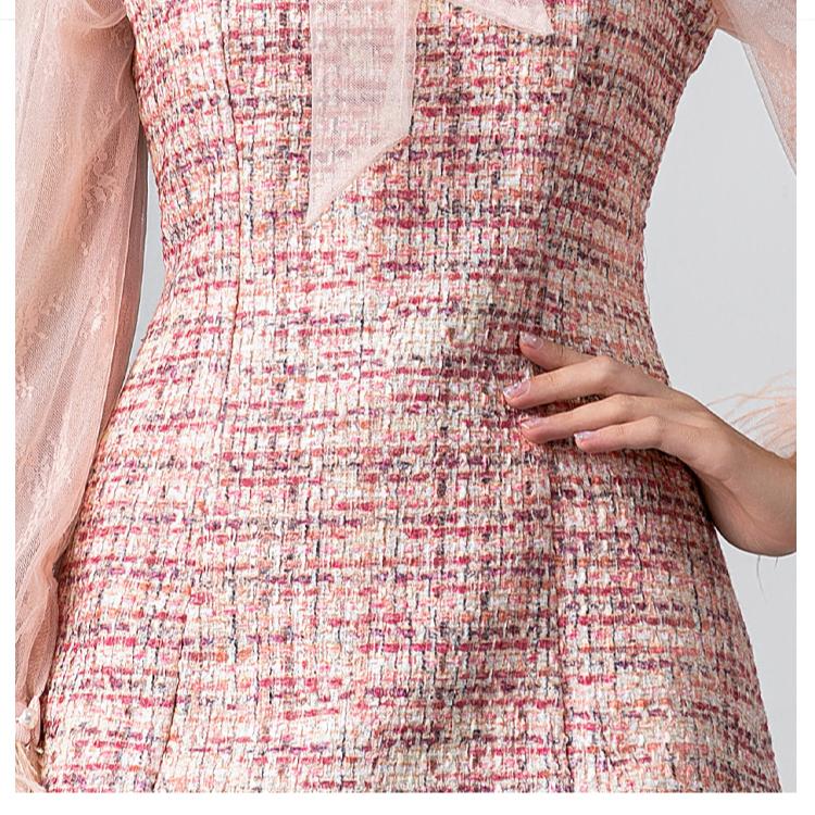 Осенне-зимние женские милые бабочки воротник перья рукава сетчатый пэчворк твидовые вечерние платья