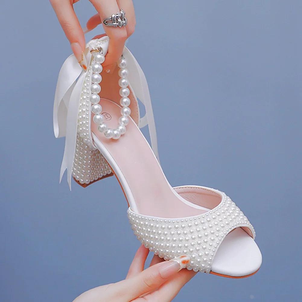 Fashion New 7cm High Heel Women's Shoes Pearl Water Diamond Beaded Drift Sandals Thick Heel Shallow Mouth Fashion Versatile Bridal Shoes