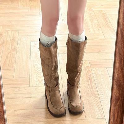 Ретро британский стиль пряжка ремня толстый каблук рыцарские сапоги женские 2025 осень и зима новый нишевый дизайн сапоги на тонком ворсе