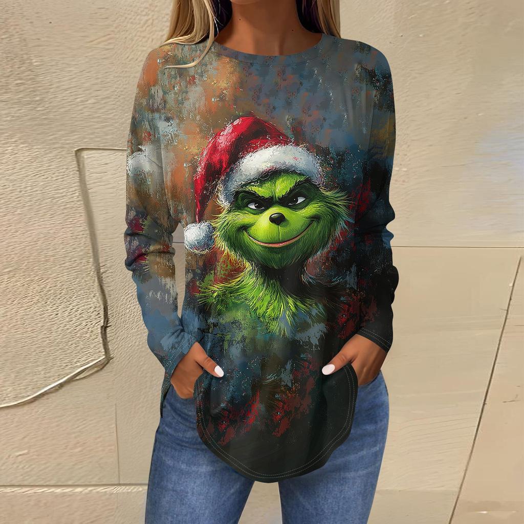 Women's Loose Round Neck Print Long Sleeve T-Shirt Top Pullover