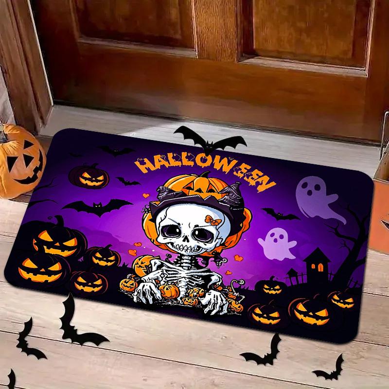 1pc HALLOWEEN Cartoon Skull Pumpkin Ghost Bat Printed Door Mat, Halloween Theme Decorative Floor Mat, Fleece Material, 1.02cm Thick Plush with Sponge