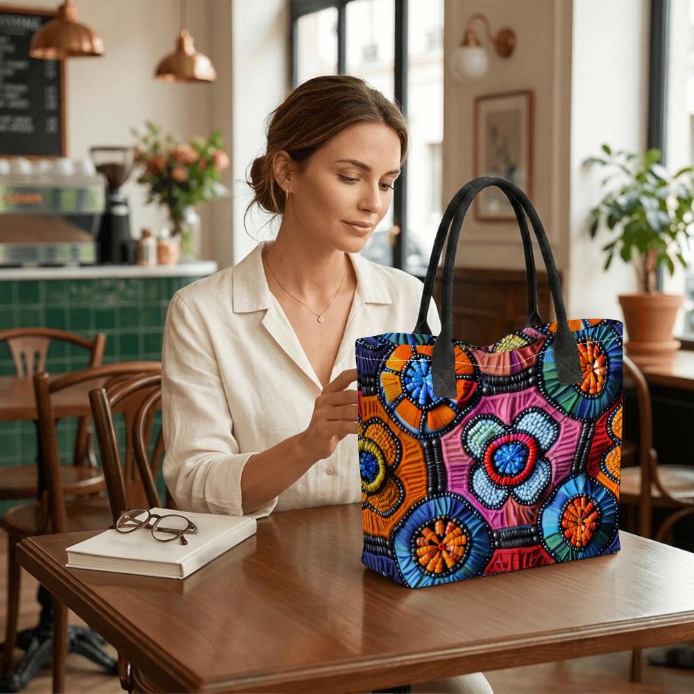 Colorful Beaded Pattern Tote Bag Bohemian Floral Print Handbag Ethnic Style Shoulder Tote Purse Vibrant Boho Daily Carry Bag Tribal Pattern Casual To