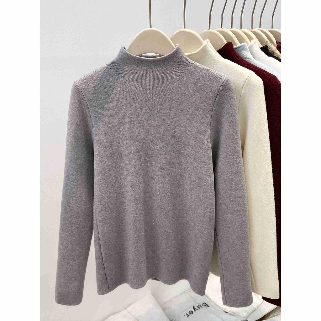 Autumn and Winter Integrated Fleece Knitted Sweater Semi-turtleneck Basic Inner Long-sleeved Top Women's Fleece Thickened Fashionable Primer Sweater