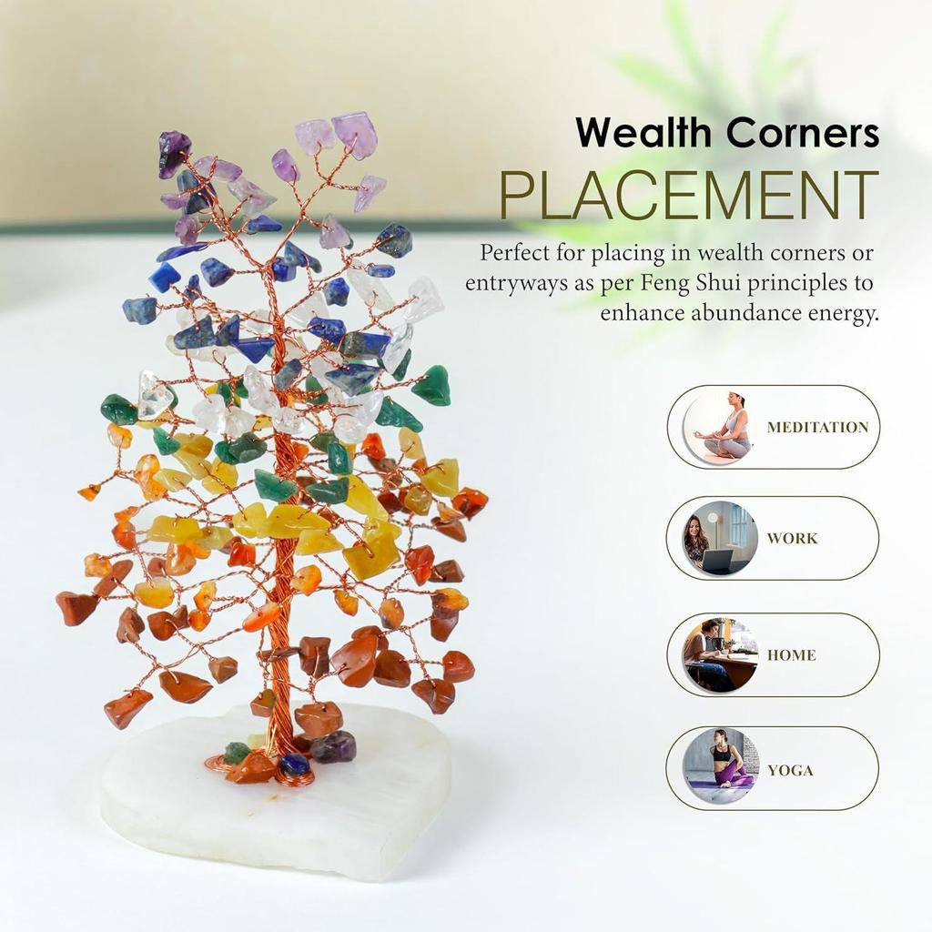 Дерево бонсай из драгоценных камней с целебными кристаллами – основа в форме сердца из 7 чакр, образец фен-шуй, декор для дома и офиса – подарок на новоселье – дерево чакр