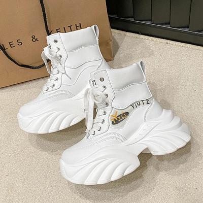 Модные 8 см Осенние Женские Кроссовки с Высоким Верхом на Шнуровке Зимние Теплые Кожаные Ботильоны Повседневная Холщовая Обувь Толстая Подошва Модные Короткие Ботинки