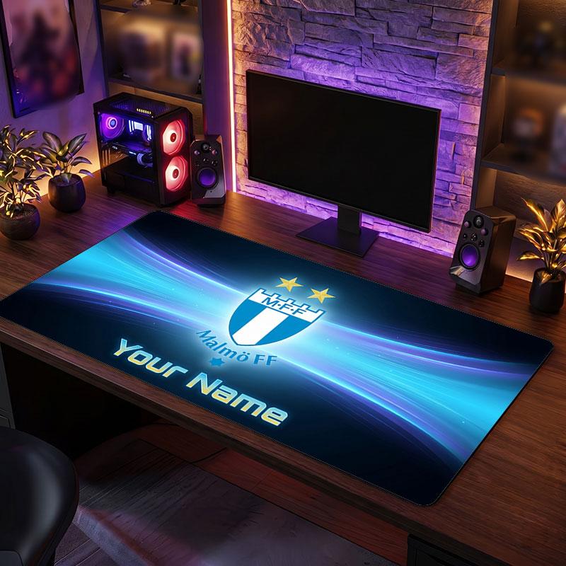 Malmö FF Custom Large Mouse Pad, Personalized Name Text Print, Football Logo Non‑Slip Desk Mat Gaming Gift