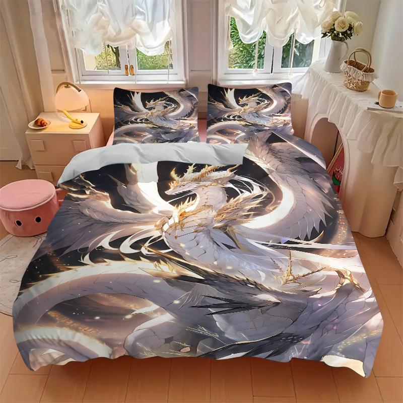 3Pcs Mythical Dragon Flight Bedding Set Soft Fabric Duvet Cover Pillowcases Home Christmas Xmas Halloween Gift 1 Duvet Cover 2 Pillowcase G1246