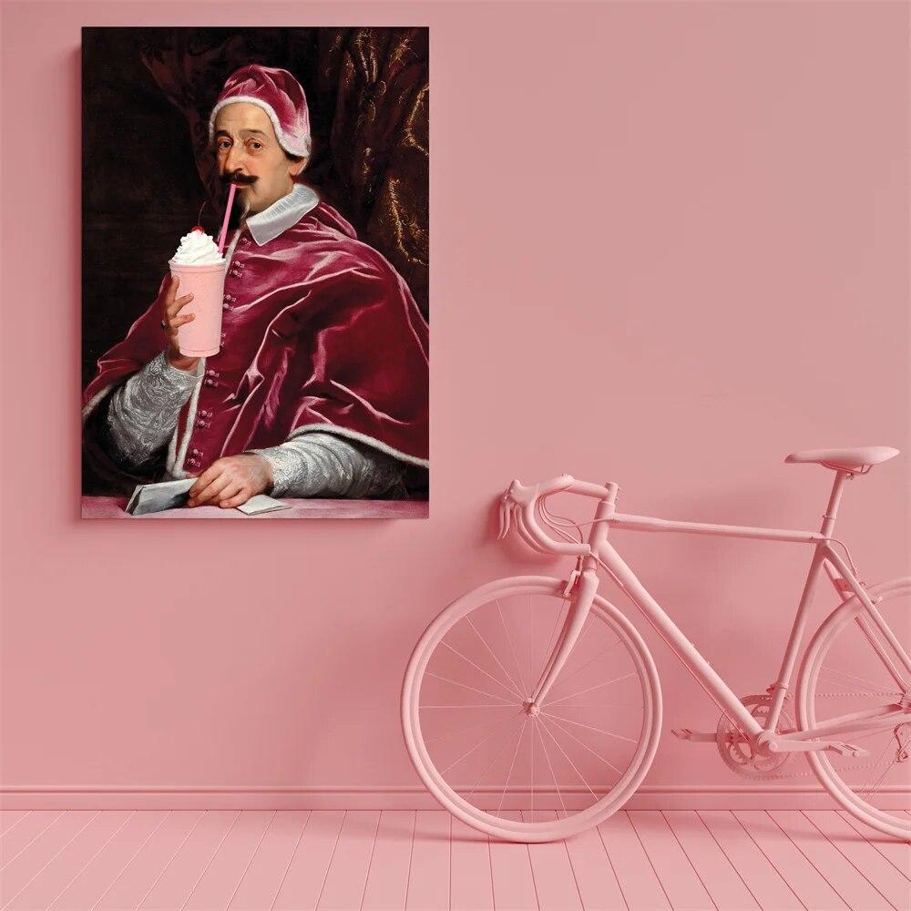 Funny Altered Art Print Elegant Lady with Pink Ice Cream Poster Italian Rococo Vintage Oil Painting Candy Food Canvas Painting