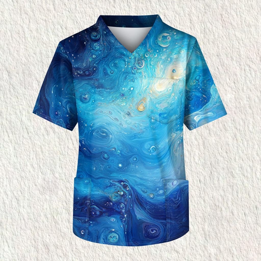 Мужская рабочая блузка с короткими рукавами и v-образным вырезом с принтом, топ с нагрудным карманом