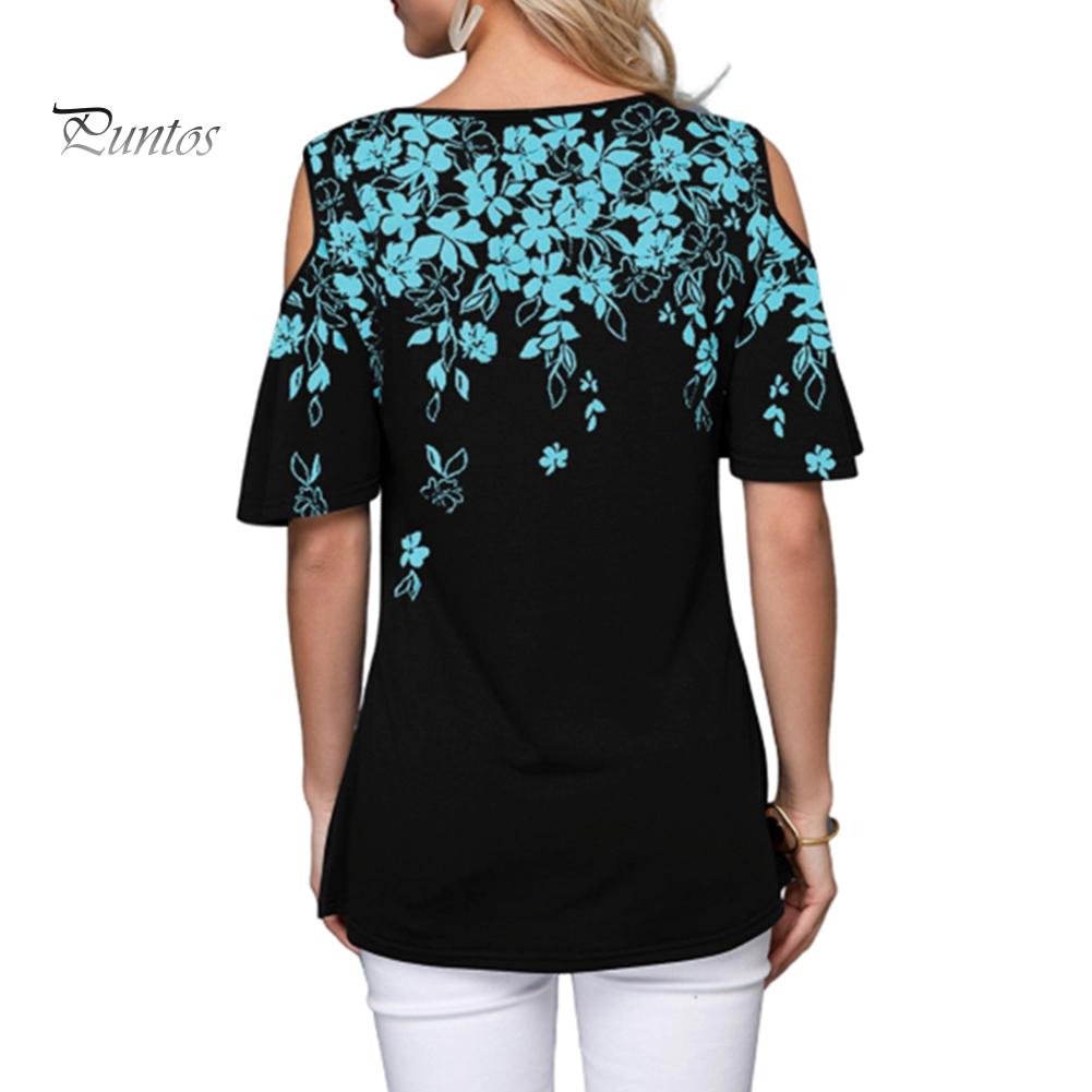 Женская сексуальная футболка с коротким рукавом с круглым вырезом и цветочным принтом, свободная футболка с открытыми плечами
