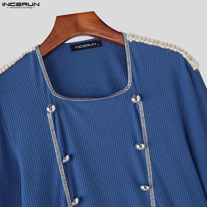 INCERUN Мужские футболки с квадратным вырезом, длинным рукавом, пэчворком, пуговицами, облегающие, укороченные топы