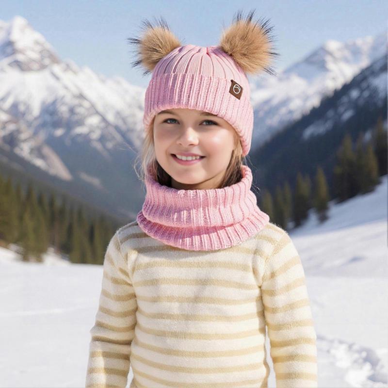 3Pcs/Set Children Winter Hat Scarf Gloves Set Plush Lining Fluffy Ball Decoration Knitting Hat Neckerchief Gloves Set