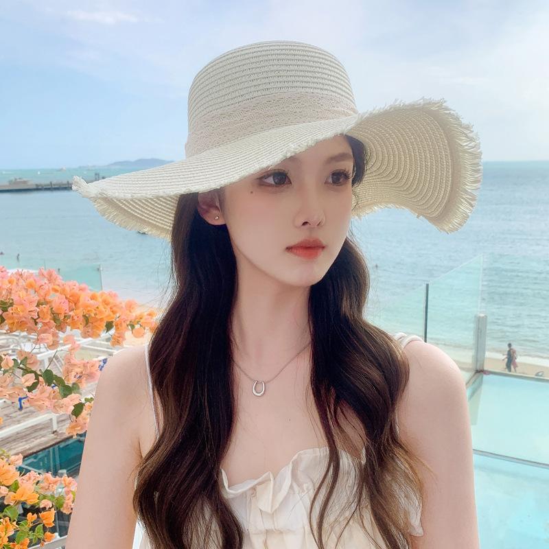 Straw Hat Women'S Summer Sun Protection Extra Large Brim Sun Hat Beach Seaside Vacation Sun Hat Foldable Hat Tide