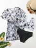 Tween Girls' Fashion 3 Pieces Floral Printed Swimwear Set Solid Tank Top Briefs and Short Sleeves Lace Up Cover-Up Swimsuit Children's Bathing Suit