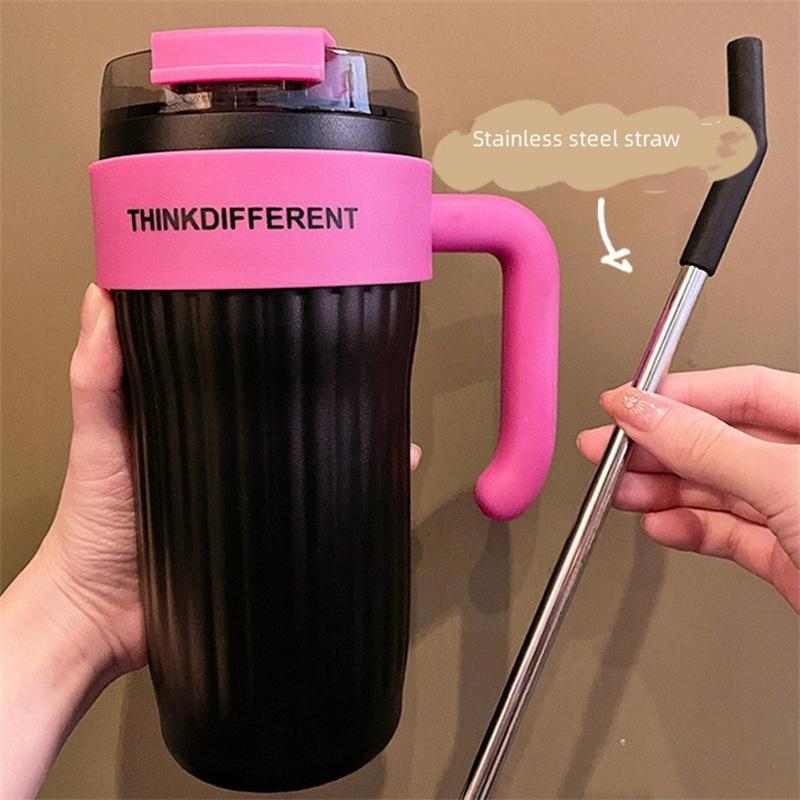 860ml Thermos Water Bottle Stainless Tumbler Large Capacity Coffee Thermal Cup With Handle Straw Outdoor Vacuum Insulated Bottle