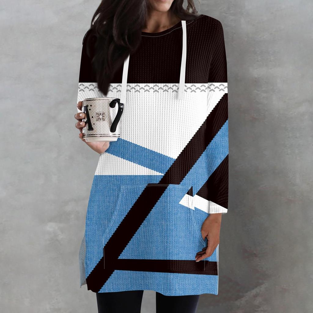 Женские свободные рубашки с принтом, длинные рукава, толстовки с завязками, трикотажные туники с боковыми разрезами, топы с капюшоном и карманом