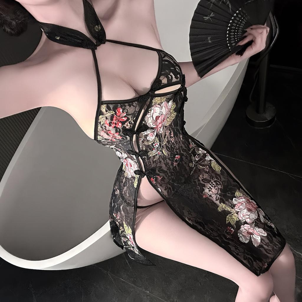 Sex underwear Sexy perspective cheongsam Passion charm Lace hot temptation Printed cheongsam antique style