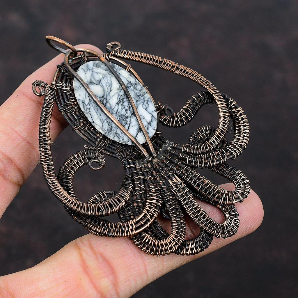 Pinolith Jasper Pendant Copper Wire Wrapped Pendant Handmade Pendant Copper Octopus Jewelry Wire Wrap Jewelry Gemstone Pendant Gift For Her