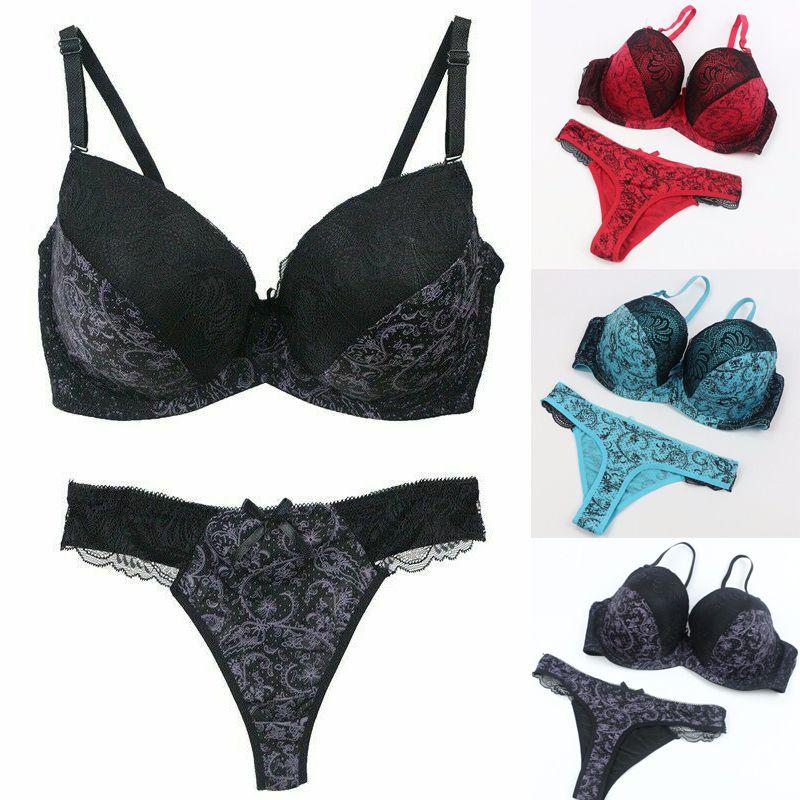 Flower Lace Womens Padded Bra Plunge Set Ladies Underwear Panties Sets Up Push
