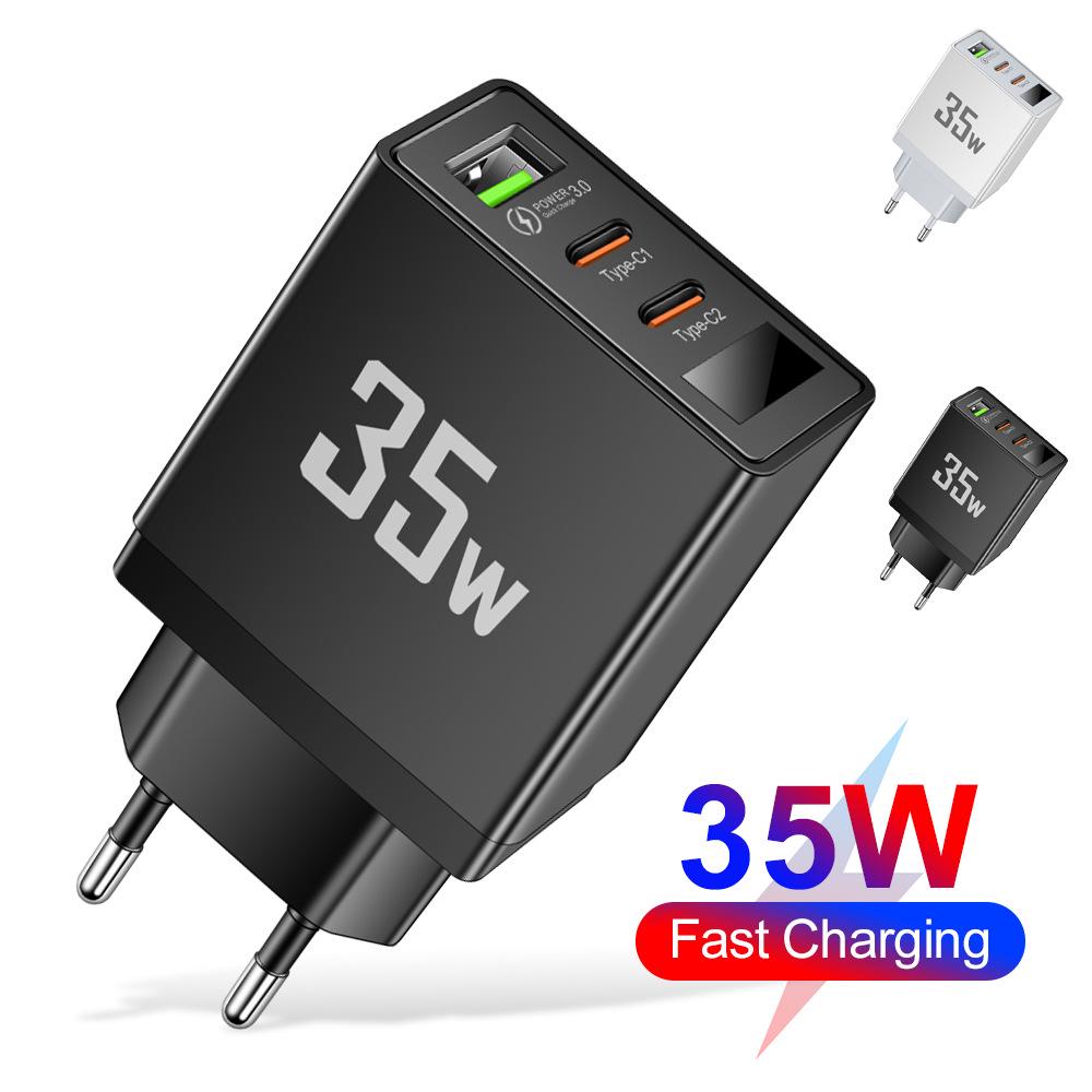 Умное USB-зарядное устройство 3,5 А с 2 портами PD, преобразованием частоты и цифровым дисплеем для мобильных телефонов.