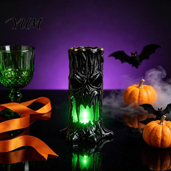 Hollow Face Halloween Props Tree Stump Skull Candle Holder, Spooky Tabletop Decor, LED Lighted Horror Ornaments Tealight Holder for Electronic