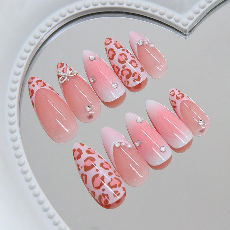 Pink Leopard Print French Blush Sparkling Diamond Bow Sweet Versatile, Wind Removable Wear Armor 24 Pieces