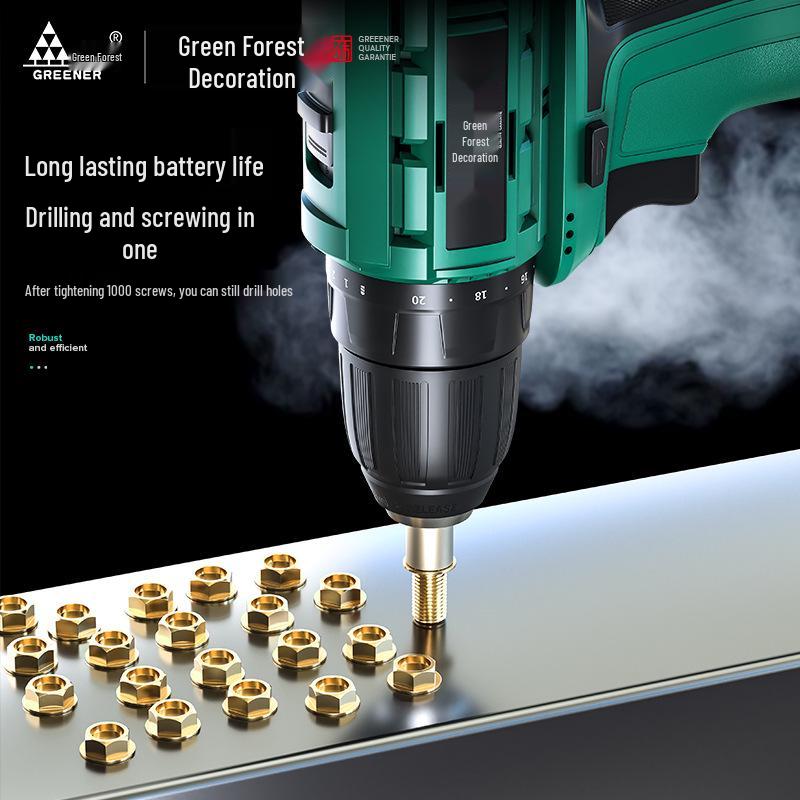Green Forest 16.8V бесщеточная электрическая дрель: Многофункциональный литиевый пистолетный электроинструмент с функцией ударного и шуруповерта и зарядным устройством.